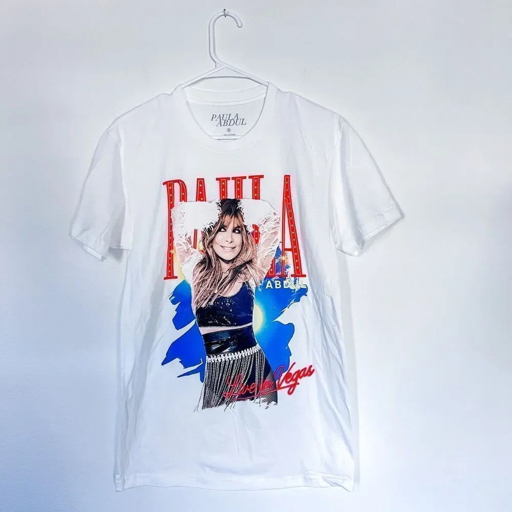 Paula Abdul NWOT Live in Las Vegas 100% Cotton White Shirt with Print size Small